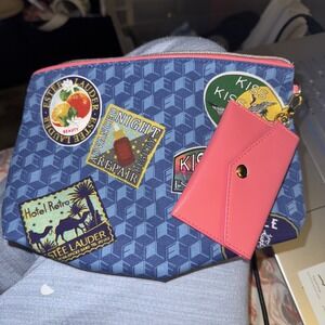 ESTEE LAUDER Blue Printed Cosmetic Makeup Bag 2 Side Look W/Small ID Bag KISS ME